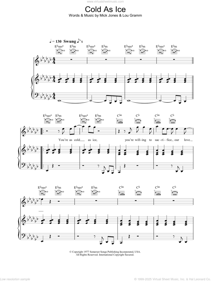 Cold As Ice sheet music for voice, piano or guitar by Foreigner, Lou Gramm and Mick Jones, intermediate skill level