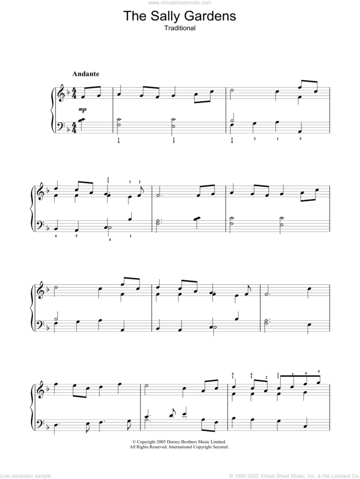 The Sally Gardens sheet music for voice, piano or guitar, intermediate skill level