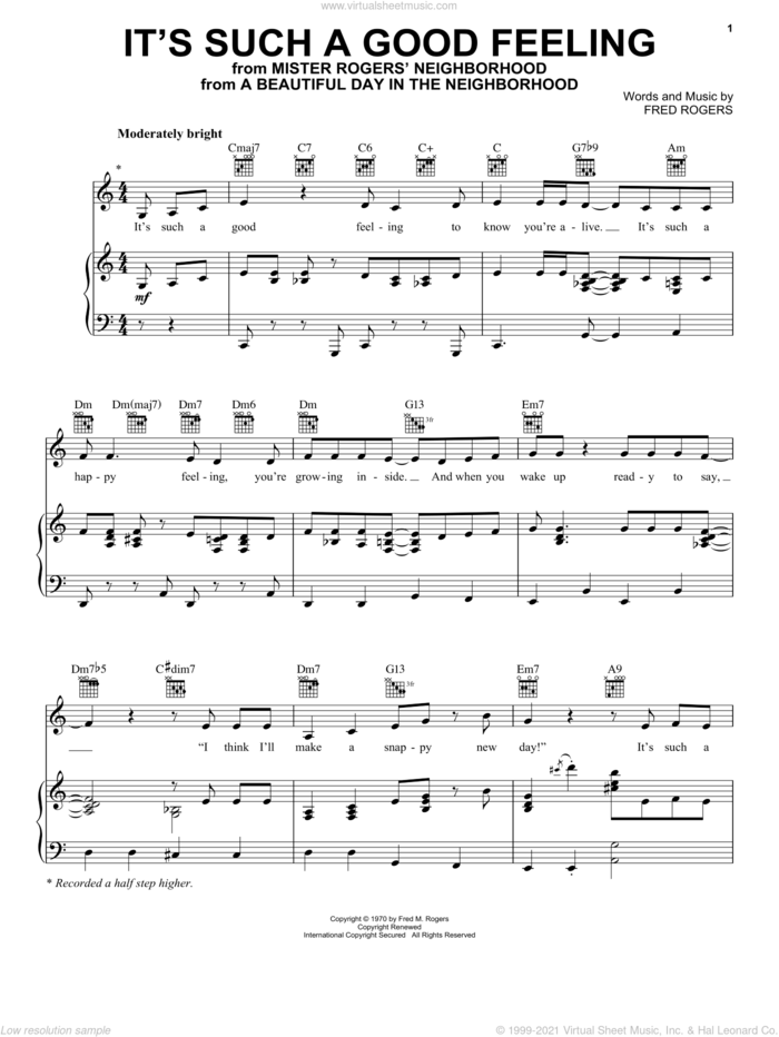 It's Such A Good Feeling (from A Beautiful Day in the Neighborhood) sheet music for voice, piano or guitar by Fred Rogers, intermediate skill level