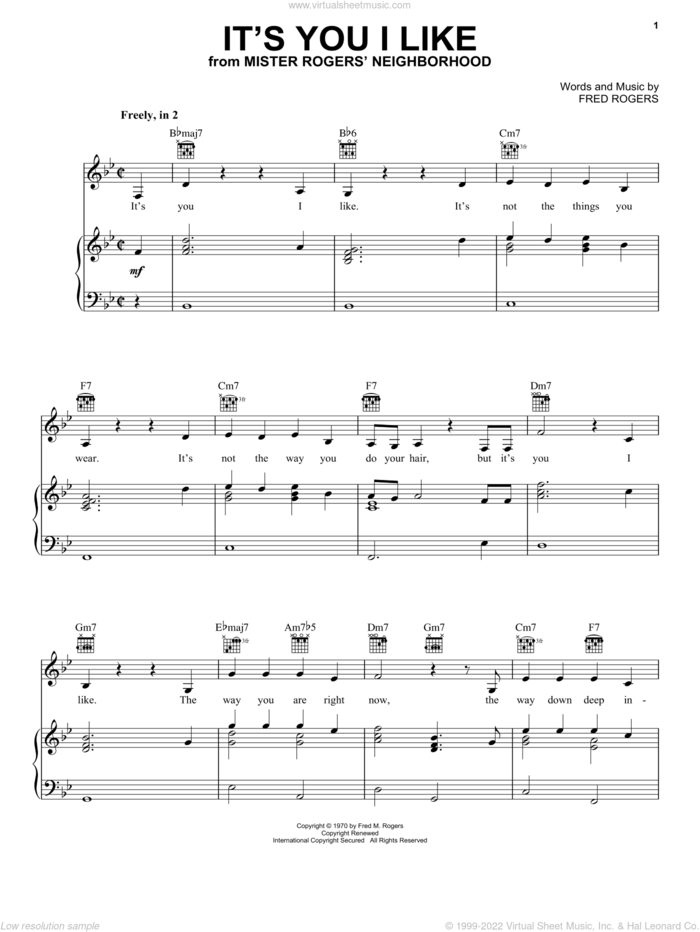 It's You I Like sheet music for voice, piano or guitar by Fred Rogers, intermediate skill level