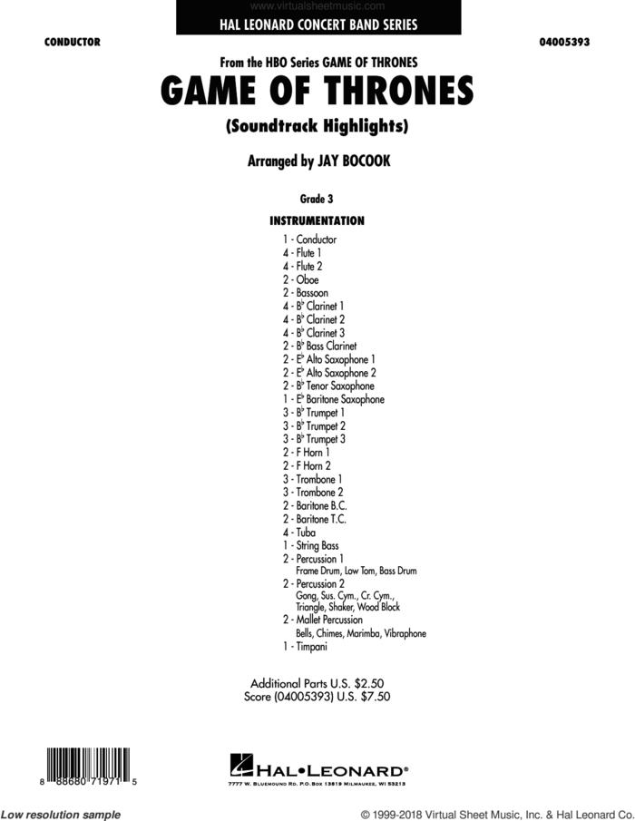 Game Of Thrones (Soundtrack Highlights) (arr. Jay Bocook) (COMPLETE) sheet music for concert band by Jay Bocook and Ramin Djawadi, classical score, intermediate skill level