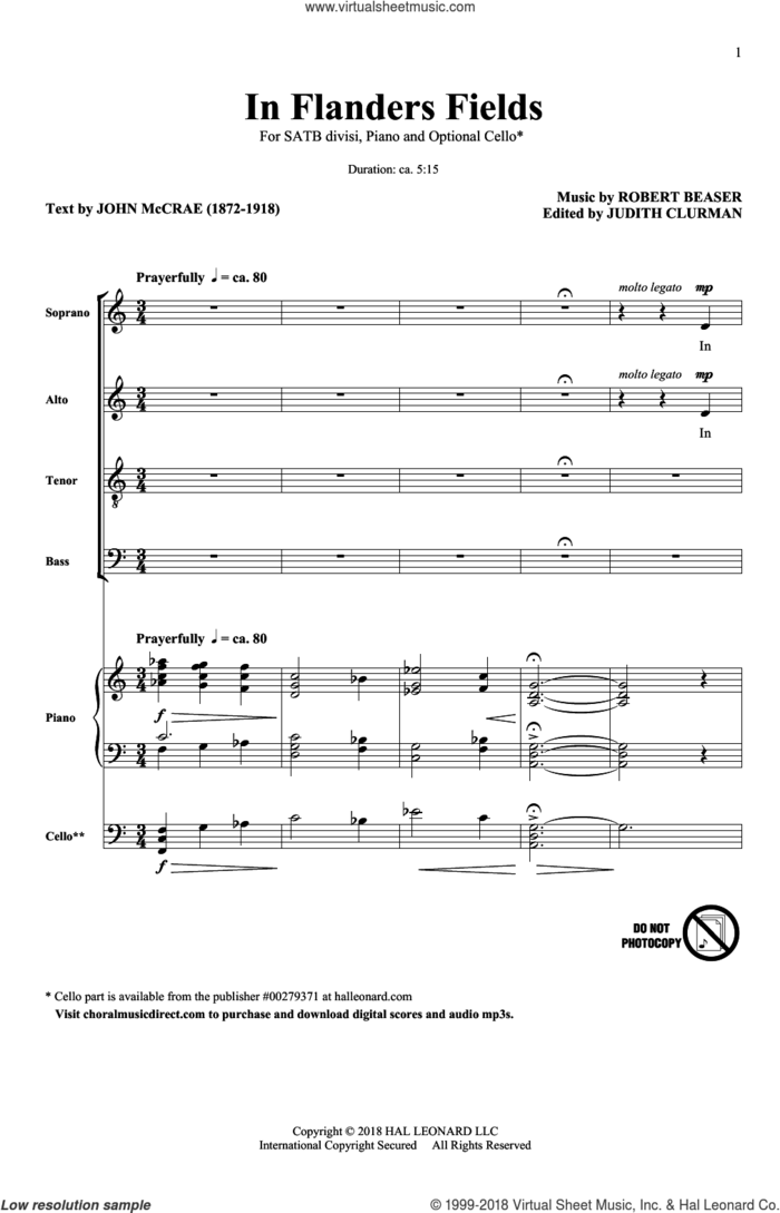 In Flanders Fields sheet music for choir (SATB: soprano, alto, tenor, bass) by Robert Beaser and John McCrae, intermediate skill level