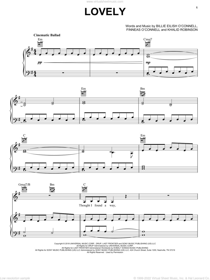 lovely (from 13 Reasons Why) sheet music for voice, piano or guitar by Billie Eilish feat. Khalid, Billie Eilish & Khalid, Billie Eilish and Khalid Robinson, intermediate skill level