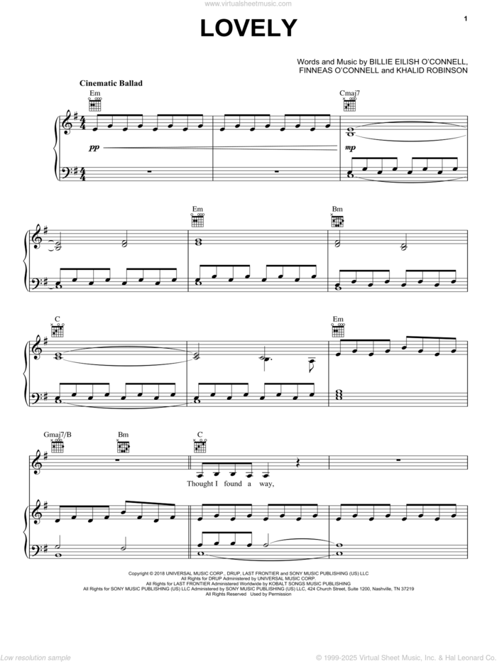 lovely (from 13 Reasons Why) sheet music for voice, piano or guitar by Billie Eilish feat. Khalid, Billie Eilish & Khalid, Billie Eilish and Khalid Robinson, intermediate skill level