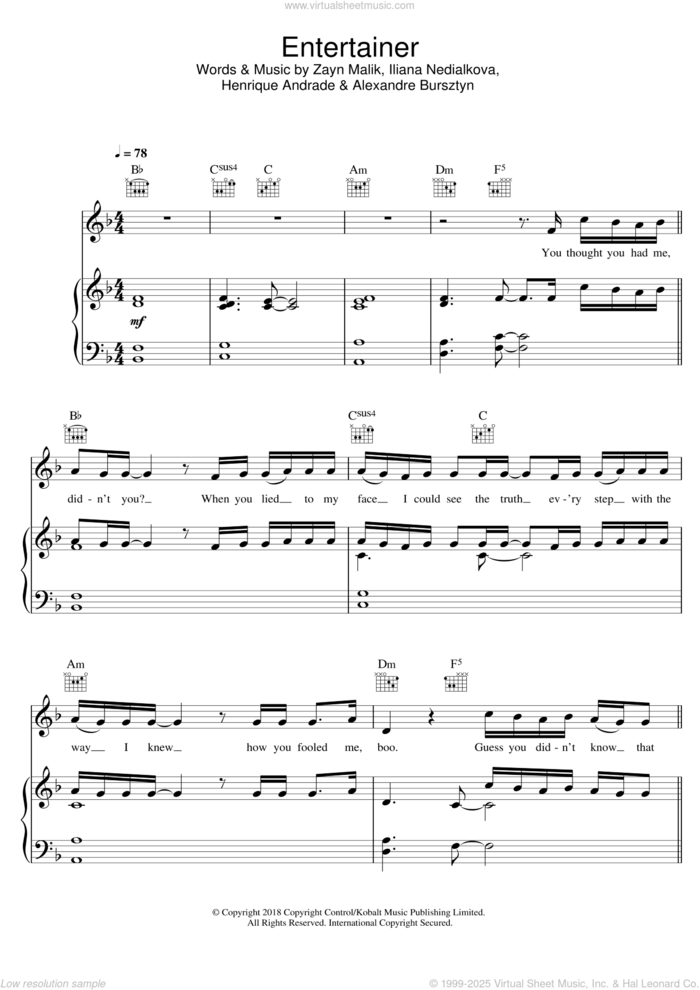 Entertainer sheet music for voice, piano or guitar by Zayn, Alexandre Bursztyn, Henrique Andrade, Iliana Nedialkova and Zayn Malik, intermediate skill level