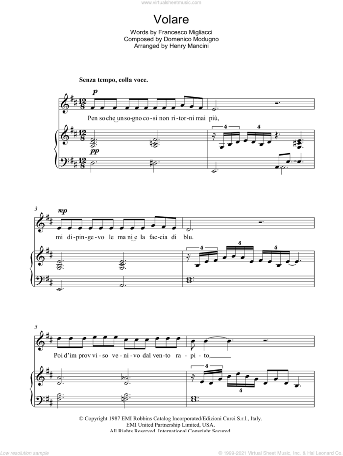 Volare (Nel Blu, Dipinto Di Blu) sheet music for voice, piano or guitar by Luciano Pavarotti, Henry Mancini, Domenico Modugno and Franco Migliacci, classical score, intermediate skill level