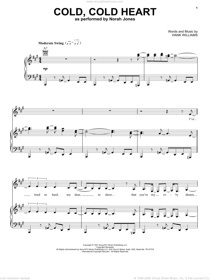 Cold, Cold Heart sheet music for voice, piano or guitar by Norah Jones, Tony Bennett and Hank Williams, intermediate skill level