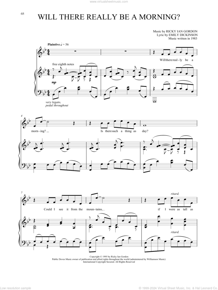 Will There Really Be A Morning? sheet music for voice and piano by Ricky Ian Gordon and Emily Dickinson, classical score, intermediate skill level