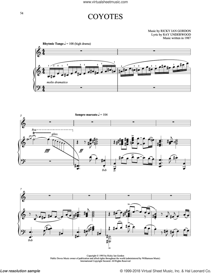 Coyotes sheet music for voice and piano by Ricky Ian Gordon and Ray Underwood, classical score, intermediate skill level