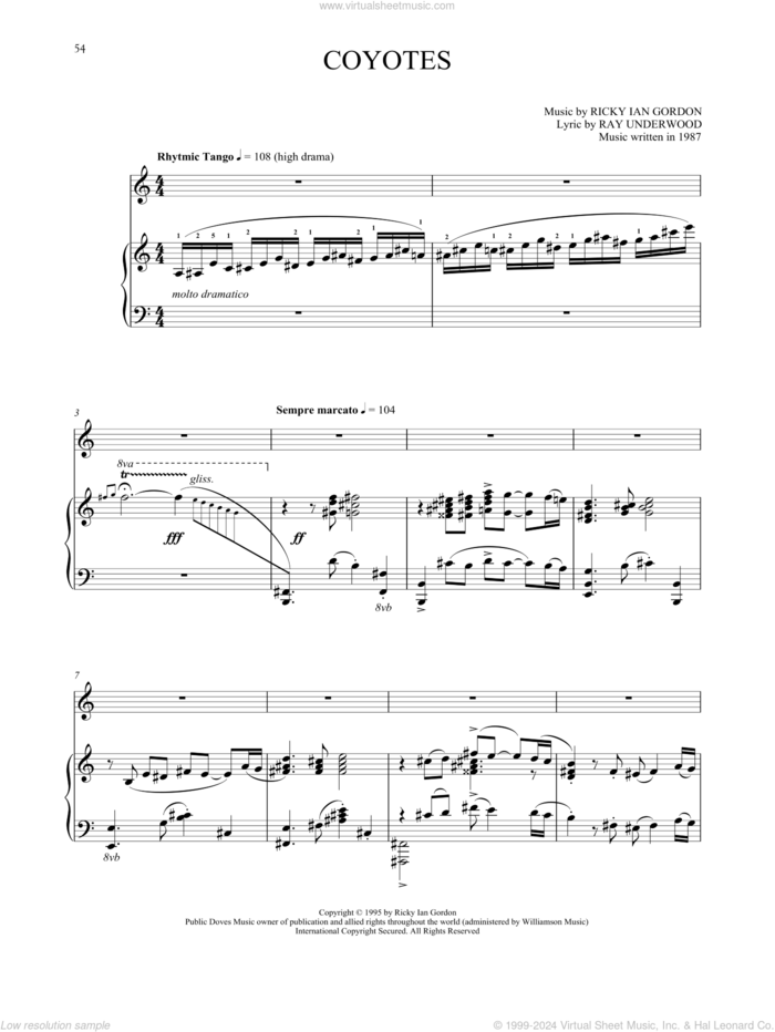 Coyotes sheet music for voice and piano by Ricky Ian Gordon and Ray Underwood, classical score, intermediate skill level