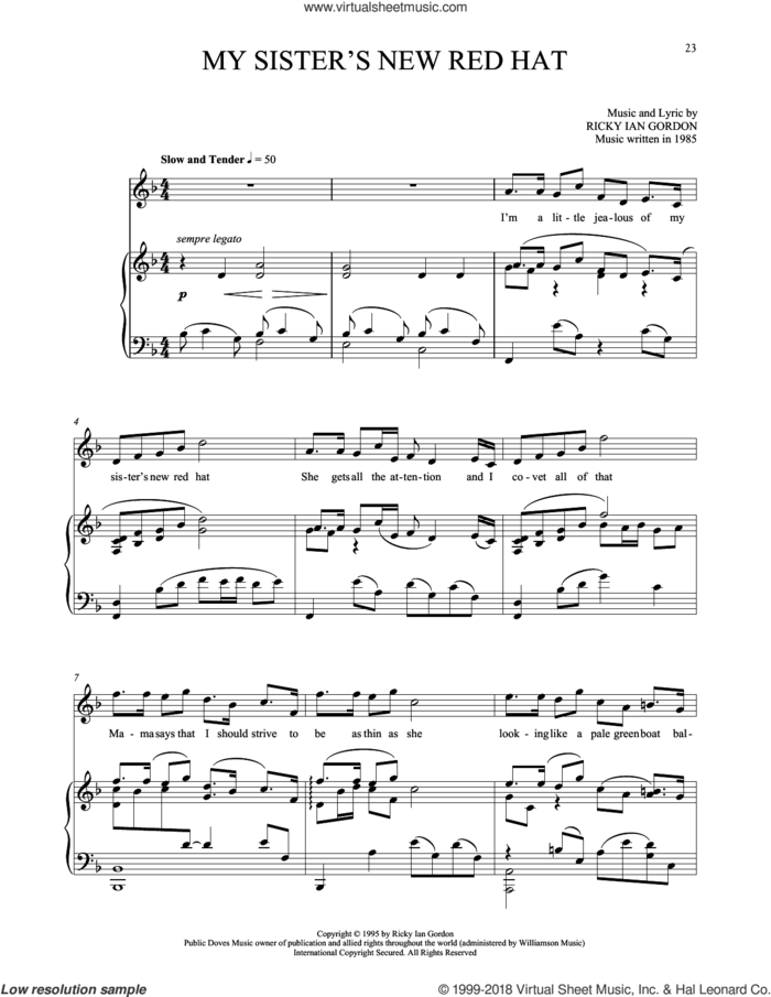 My Sister's New Red Hat sheet music for voice and piano by Ricky Ian Gordon, classical score, intermediate skill level
