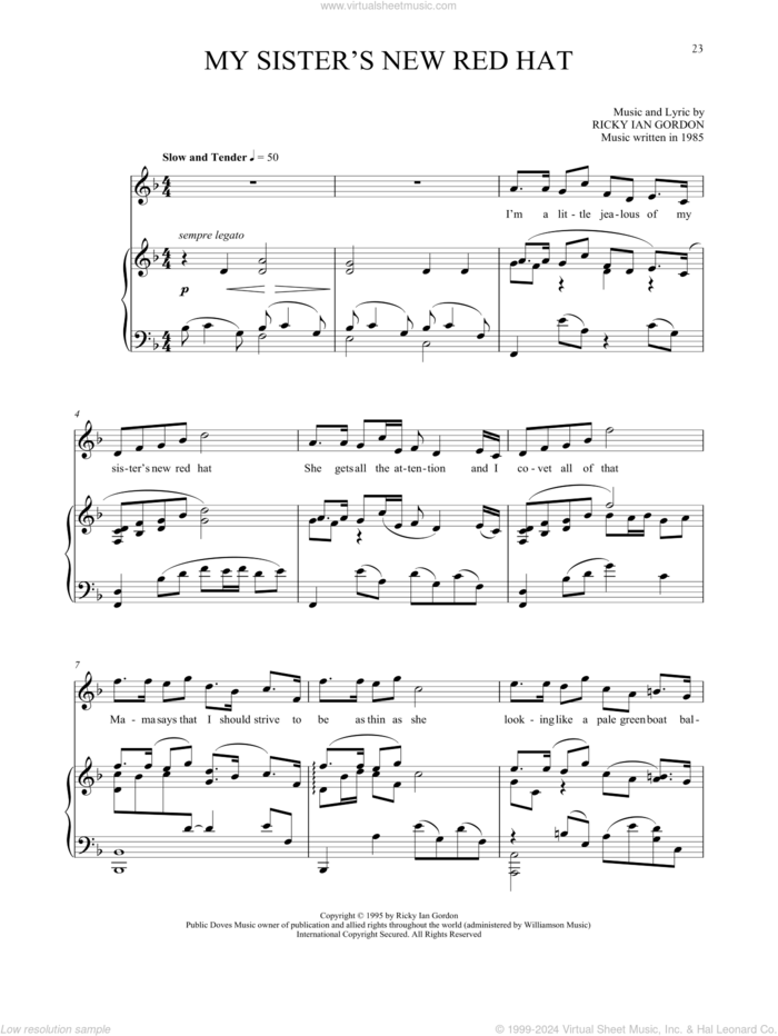 My Sister's New Red Hat sheet music for voice and piano by Ricky Ian Gordon, classical score, intermediate skill level