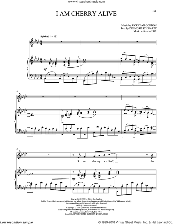 I Am Cherry Alive sheet music for voice and piano by Ricky Ian Gordon and Delmore Schwartz, classical score, intermediate skill level