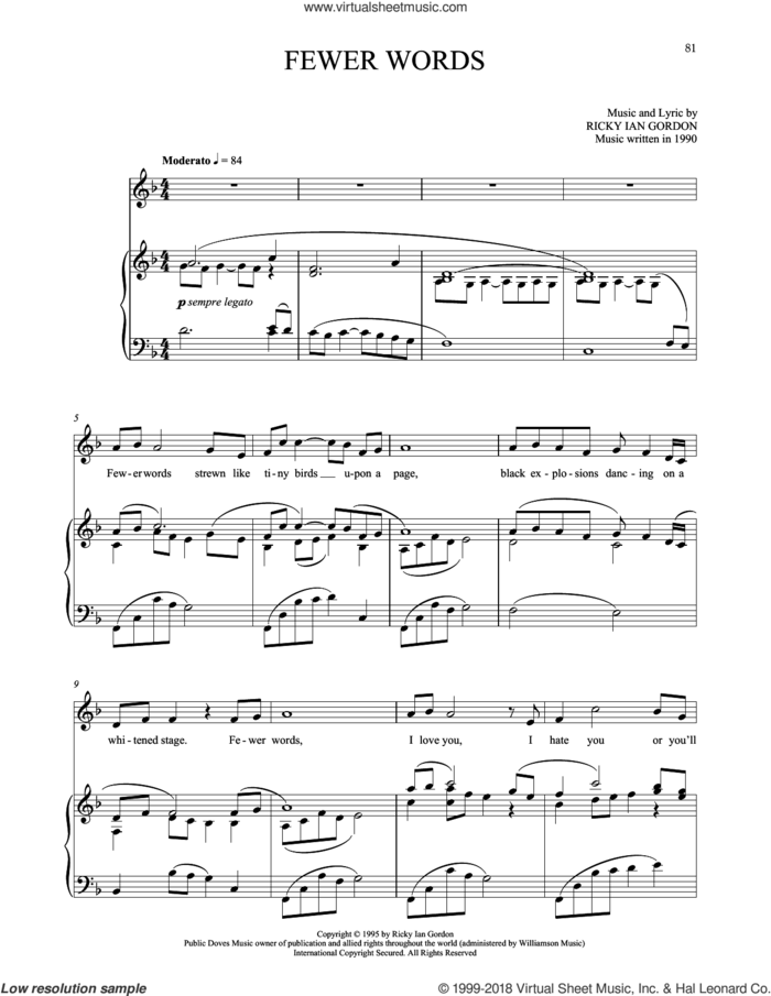 Fewer Words sheet music for voice and piano by Ricky Ian Gordon, classical score, intermediate skill level