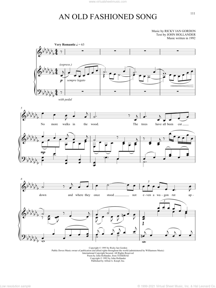 An Old Fashioned Song sheet music for voice and piano by Ricky Ian Gordon and John Hollander, classical score, intermediate skill level