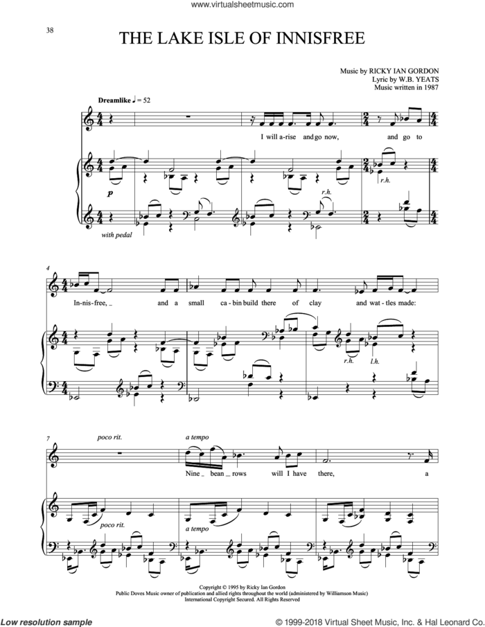 The Lake Isle Of Innisfree sheet music for voice and piano by Ricky Ian Gordon and W.B. Yeats, classical score, intermediate skill level