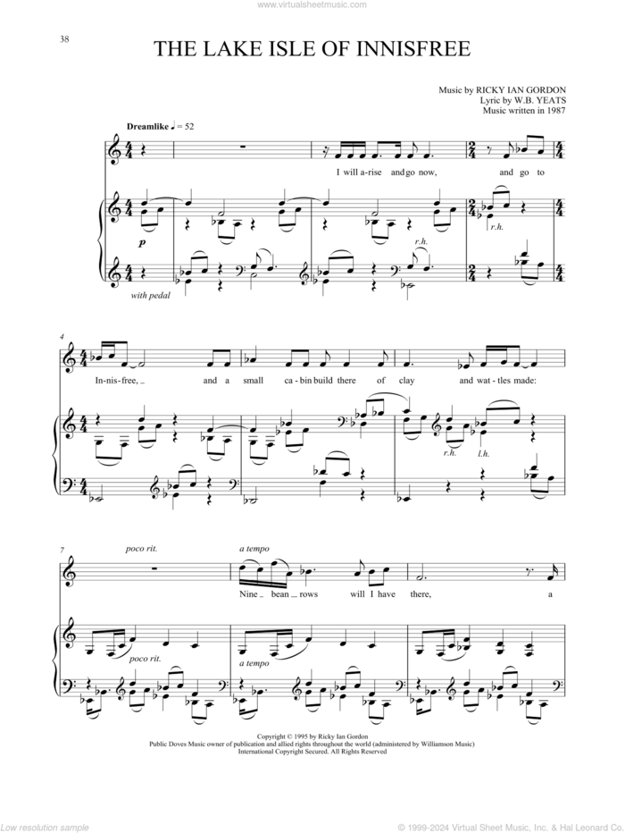 The Lake Isle Of Innisfree sheet music for voice and piano by Ricky Ian Gordon and W.B. Yeats, classical score, intermediate skill level