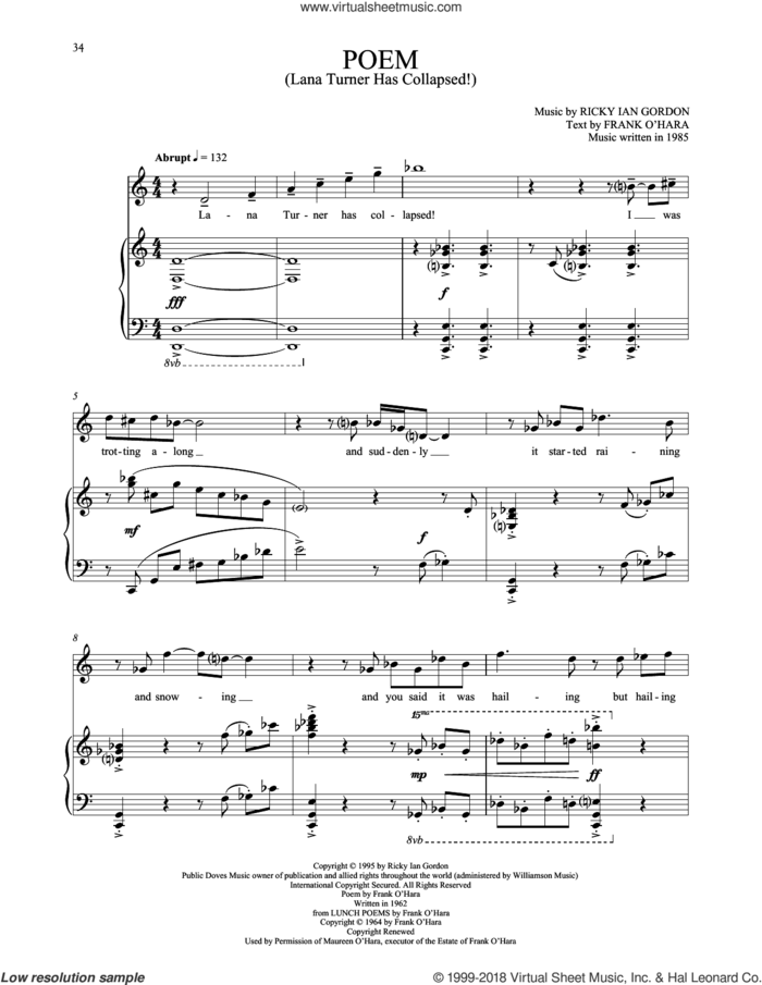 Poem (Lana Turner Has Collapsed!) sheet music for voice and piano by Ricky Ian Gordon, classical score, intermediate skill level