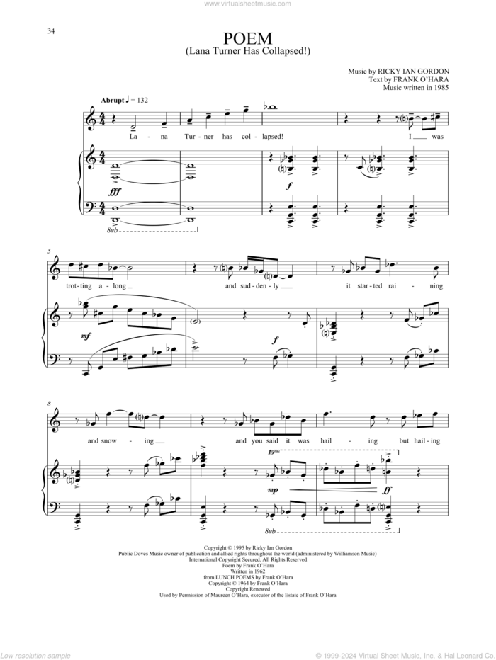 Poem (Lana Turner Has Collapsed!) sheet music for voice and piano by Ricky Ian Gordon, classical score, intermediate skill level