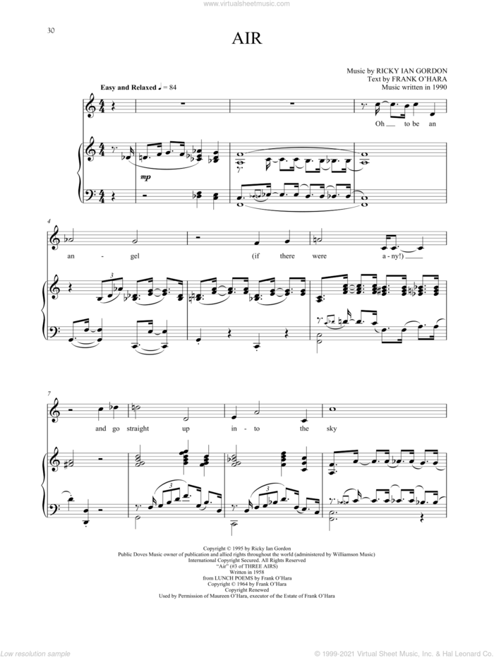 Air sheet music for voice and piano by Ricky Ian Gordon, classical score, intermediate skill level