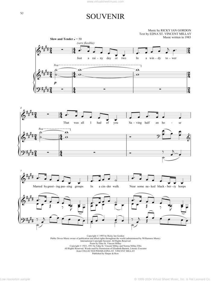 Souvenir sheet music for voice and piano by Ricky Ian Gordon and Edna St. Vincent Millay, classical score, intermediate skill level