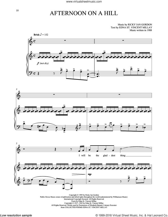 Afternoon On A Hill sheet music for voice and piano by Ricky Ian Gordon and Edna St. Vincent Millay, classical score, intermediate skill level