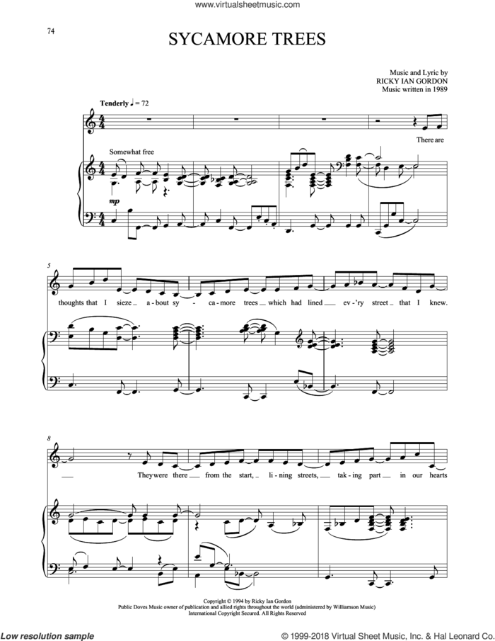 Sycamore Trees sheet music for voice and piano by Ricky Ian Gordon, classical score, intermediate skill level