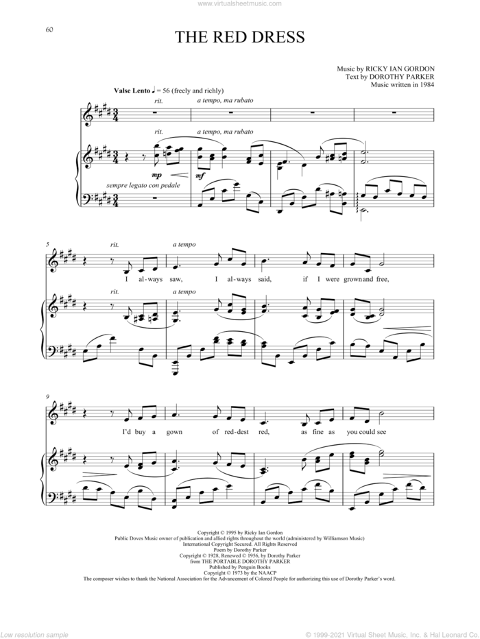 The Red Dress sheet music for voice and piano by Ricky Ian Gordon and Dorothy Parker, classical score, intermediate skill level