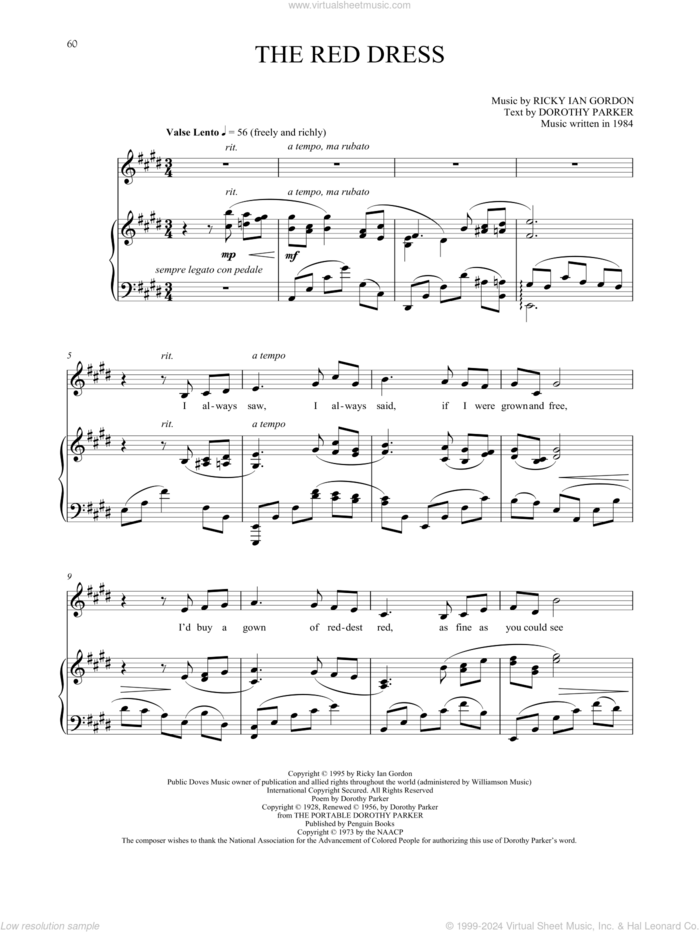 The Red Dress sheet music for voice and piano by Ricky Ian Gordon and Dorothy Parker, classical score, intermediate skill level