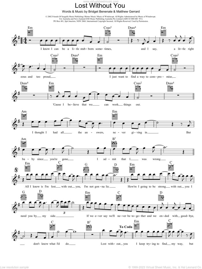 Lost Without You sheet music for voice and other instruments (fake book) by Delta Goodrem, Bridget Benenate and Matthew Gerrard, intermediate skill level