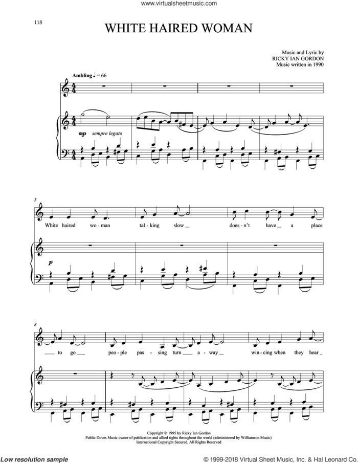White Haired Woman sheet music for voice and piano by Ricky Ian Gordon, classical score, intermediate skill level