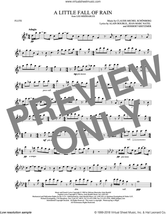 A Little Fall Of Rain sheet music for flute solo by Alain Boublil, Claude-Michel Schonberg, Claude-Michel Schonberg, Herbert Kretzmer and Jean-Marc Natel, intermediate skill level