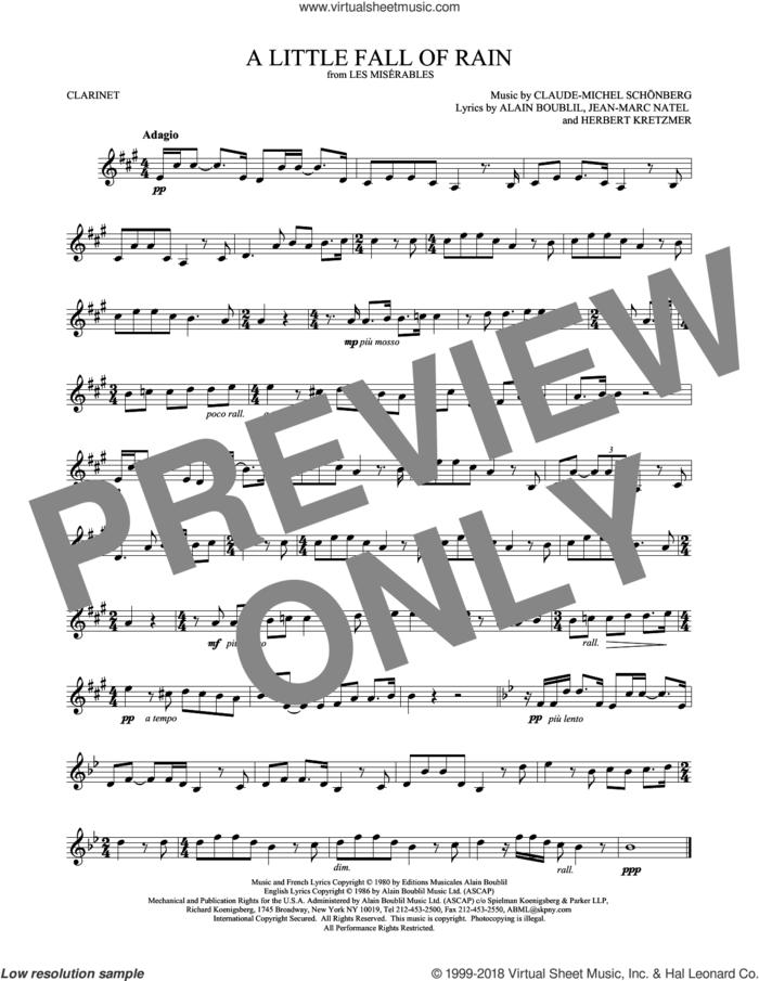 A Little Fall Of Rain sheet music for clarinet solo by Alain Boublil, Claude-Michel Schonberg, Claude-Michel Schonberg, Herbert Kretzmer and Jean-Marc Natel, intermediate skill level