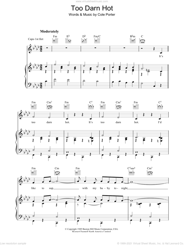 Too Darn Hot (from Kiss Me, Kate) sheet music for voice, piano or guitar by Cole Porter, intermediate skill level