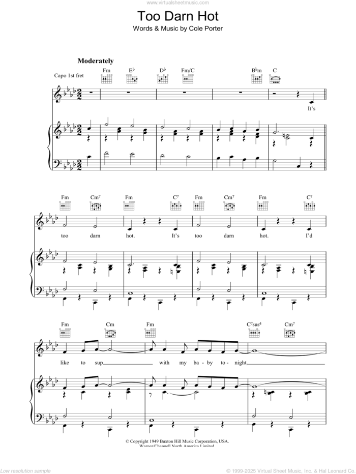 Too Darn Hot (from Kiss Me, Kate) sheet music for voice, piano or guitar by Cole Porter, intermediate skill level