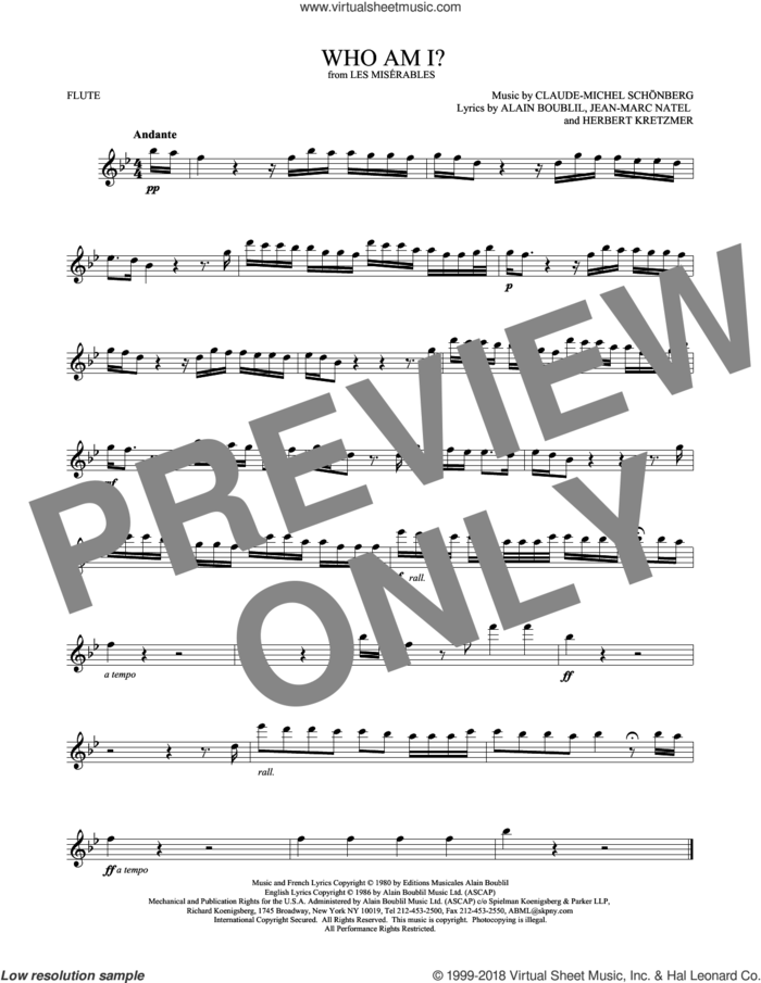 Who Am I? sheet music for flute solo by Alain Boublil, Claude-Michel Schonberg, Claude-Michel Schonberg, Herbert Kretzmer and Jean-Marc Natel, intermediate skill level