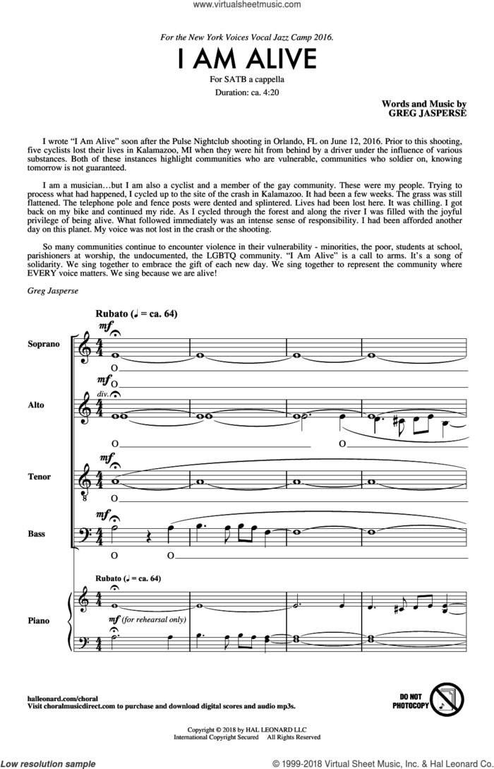 I Am Alive sheet music for choir (SATB: soprano, alto, tenor, bass) by Greg Jasperse and Robert Bode, intermediate skill level