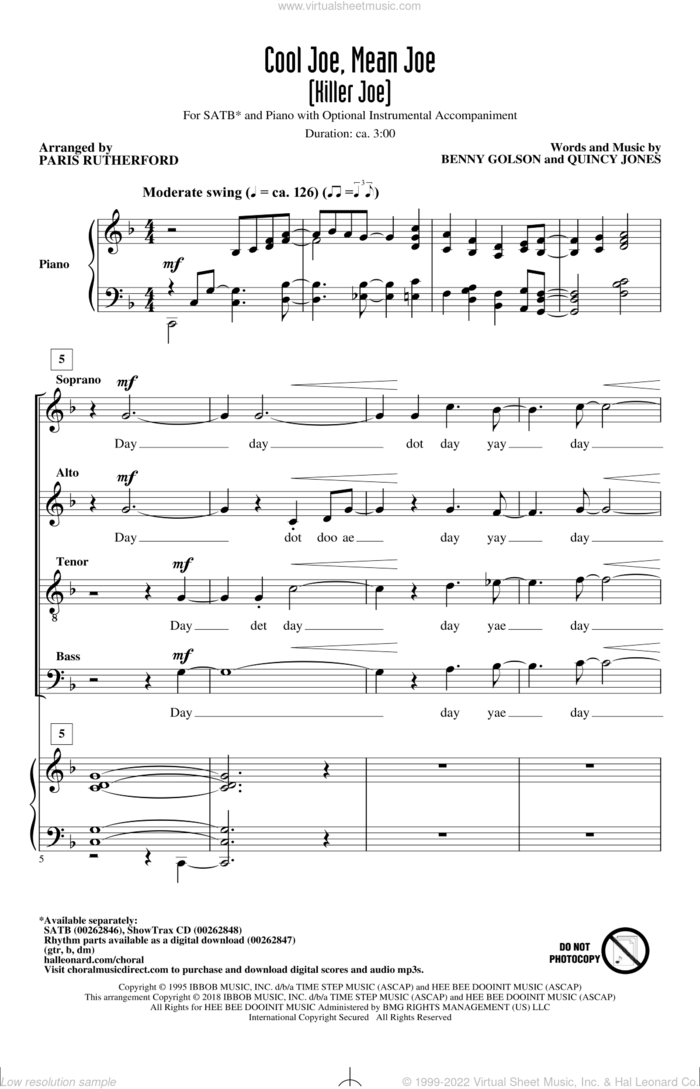 Cool Joe, Mean Joe (Killer Joe) sheet music for choir (SATB: soprano, alto, tenor, bass) by Quincy Jones, Paris Rutherford and Benny Golson, intermediate skill level