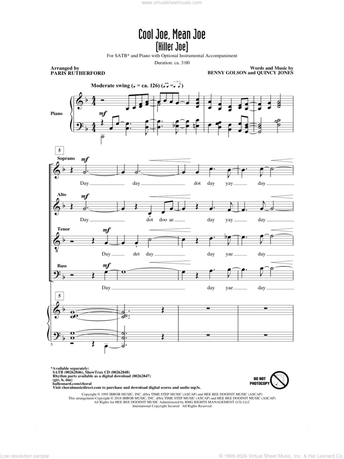 Cool Joe, Mean Joe (Killer Joe) sheet music for choir (SATB: soprano, alto, tenor, bass) by Quincy Jones, Paris Rutherford and Benny Golson, intermediate skill level