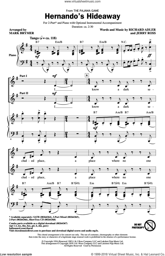 Hernando's Hideaway (arr. Mark Brymer) sheet music for choir (2-Part) by Richard Adler, Mark Brymer and Jerry Ross, intermediate duet