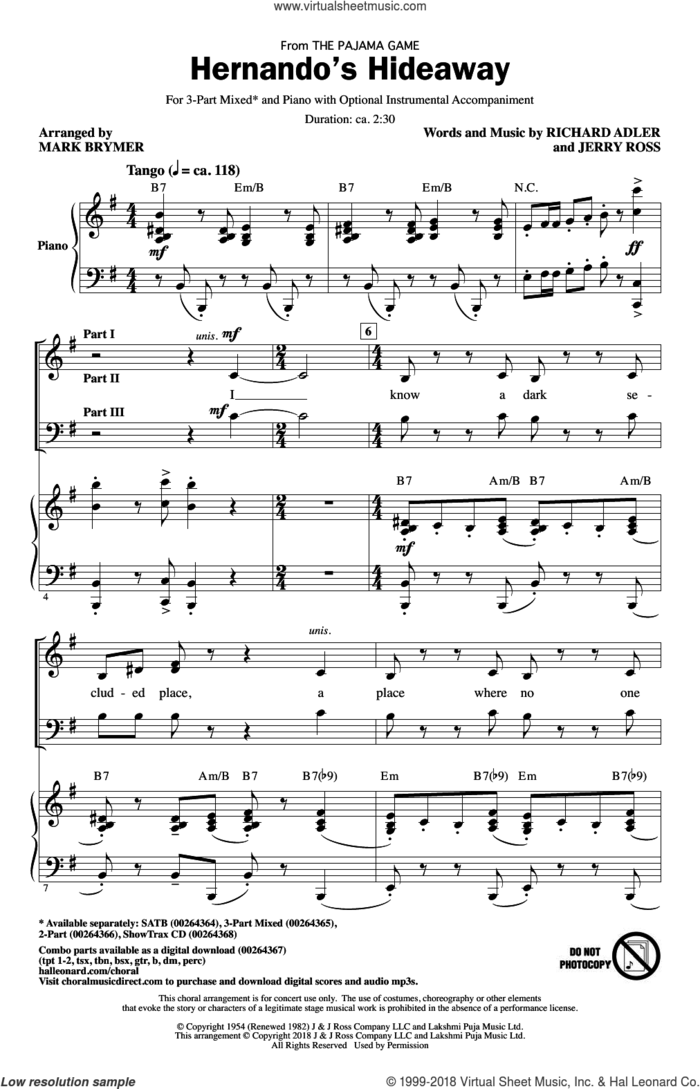 Hernando's Hideaway (arr. Mark Brymer) sheet music for choir (3-Part Mixed) by Richard Adler, Mark Brymer and Jerry Ross, intermediate skill level