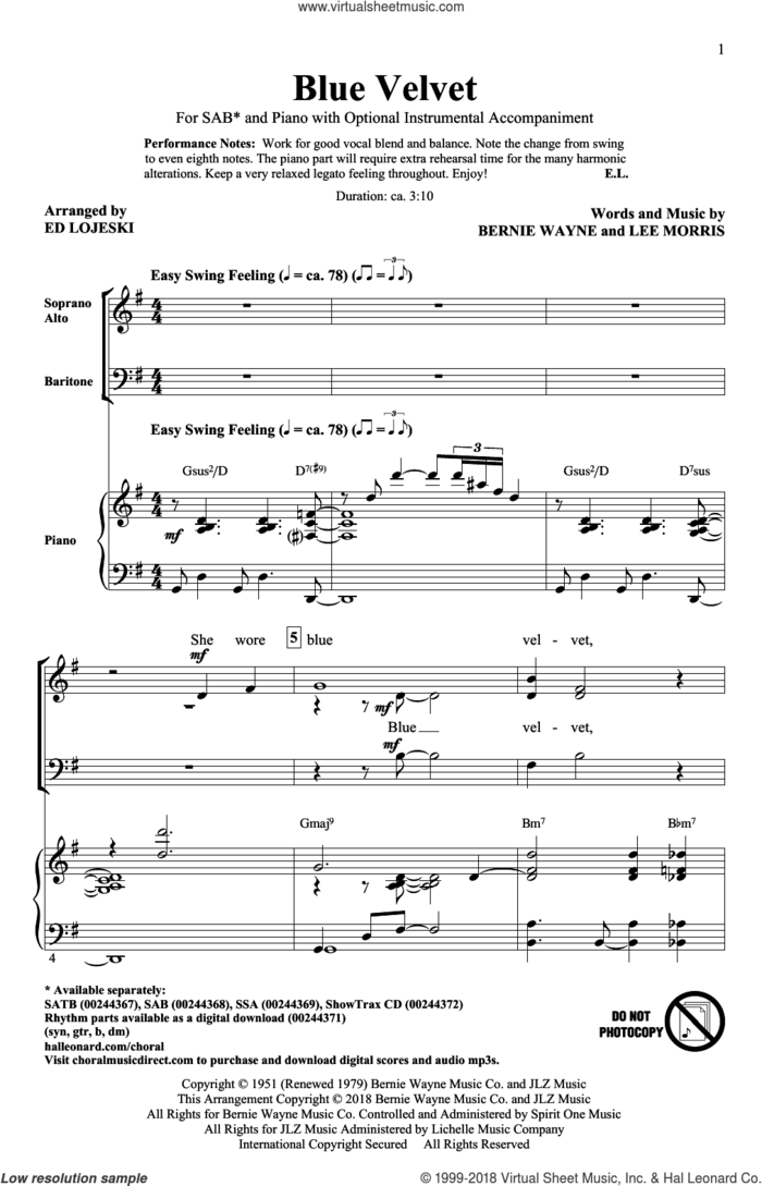 Blue Velvet sheet music for choir (SAB: soprano, alto, bass) by Ed Lojeski, Bobby Vinton, Statues, Bernie Wayne and Lee Morris, intermediate skill level