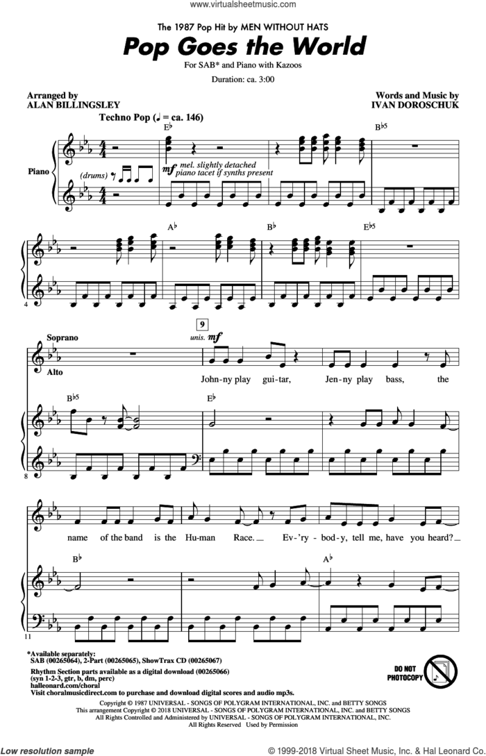 Pop Goes The World sheet music for choir (SAB: soprano, alto, bass) by Alan Billingsley, Men Without Hats and Ivan Doroschuk, intermediate skill level