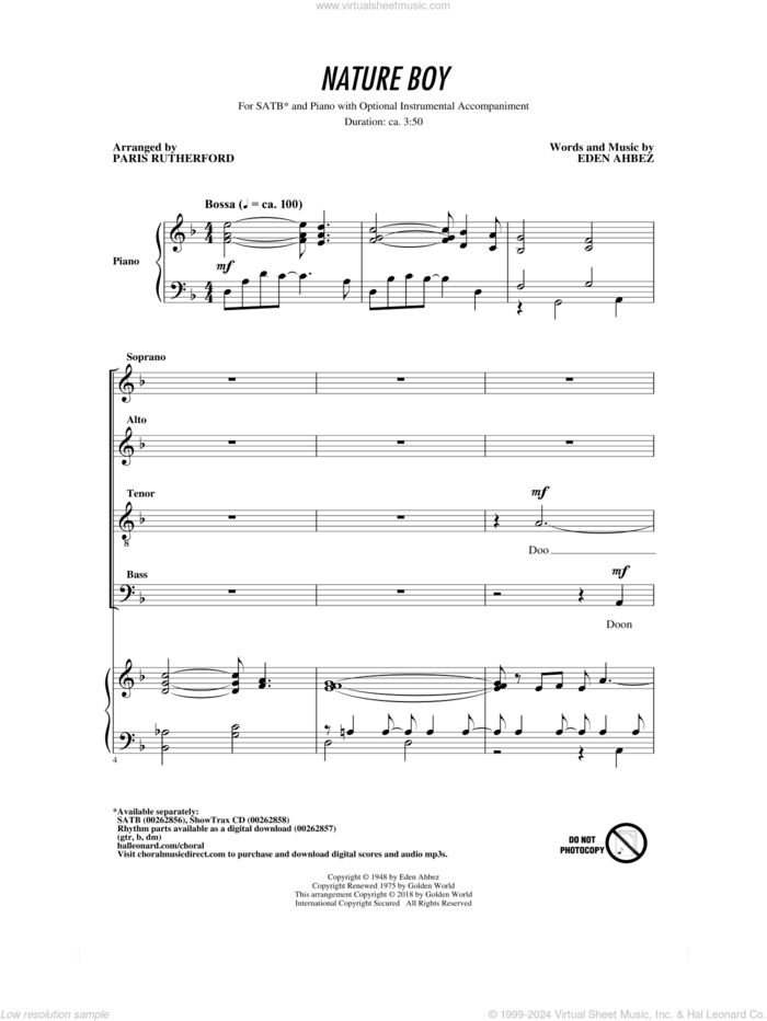 Nature Boy (arr. Paris Rutherford) sheet music for choir (SATB: soprano, alto, tenor, bass) by Paris Rutherford, Nat King Cole and Eden Ahbez, intermediate skill level