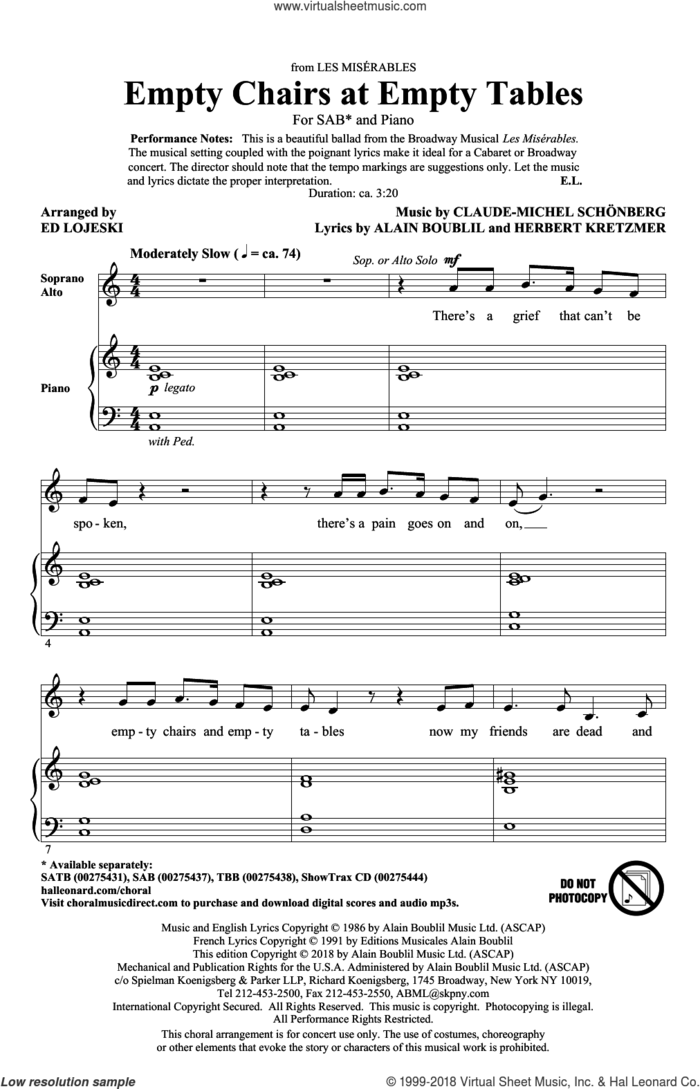 Empty Chairs At Empty Tables (from Les Miserables) (arr. Ed Lojeski) sheet music for choir (SAB: soprano, alto, bass) by Alain Boublil, Ed Lojeski, Boublil and Schonberg, Claude-Michel Schonberg and Herbert Kretzmer, intermediate skill level