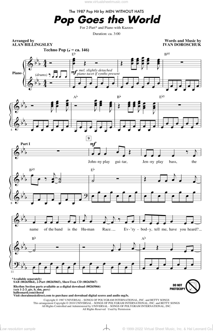 Pop Goes The World sheet music for choir (2-Part) by Alan Billingsley, Men Without Hats and Ivan Doroschuk, intermediate duet
