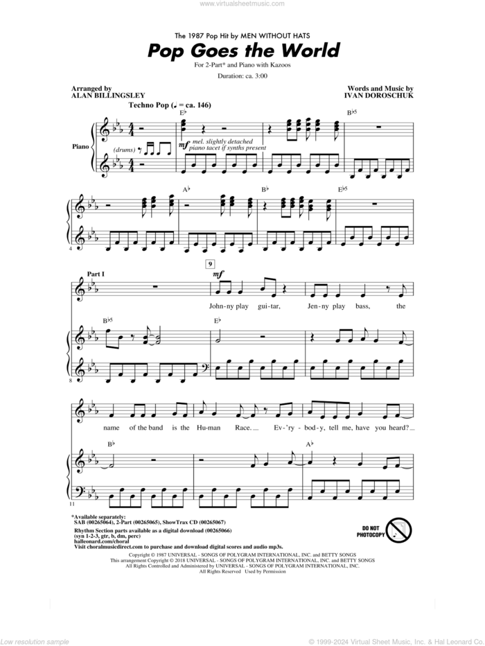 Pop Goes The World sheet music for choir (2-Part) by Alan Billingsley, Men Without Hats and Ivan Doroschuk, intermediate duet