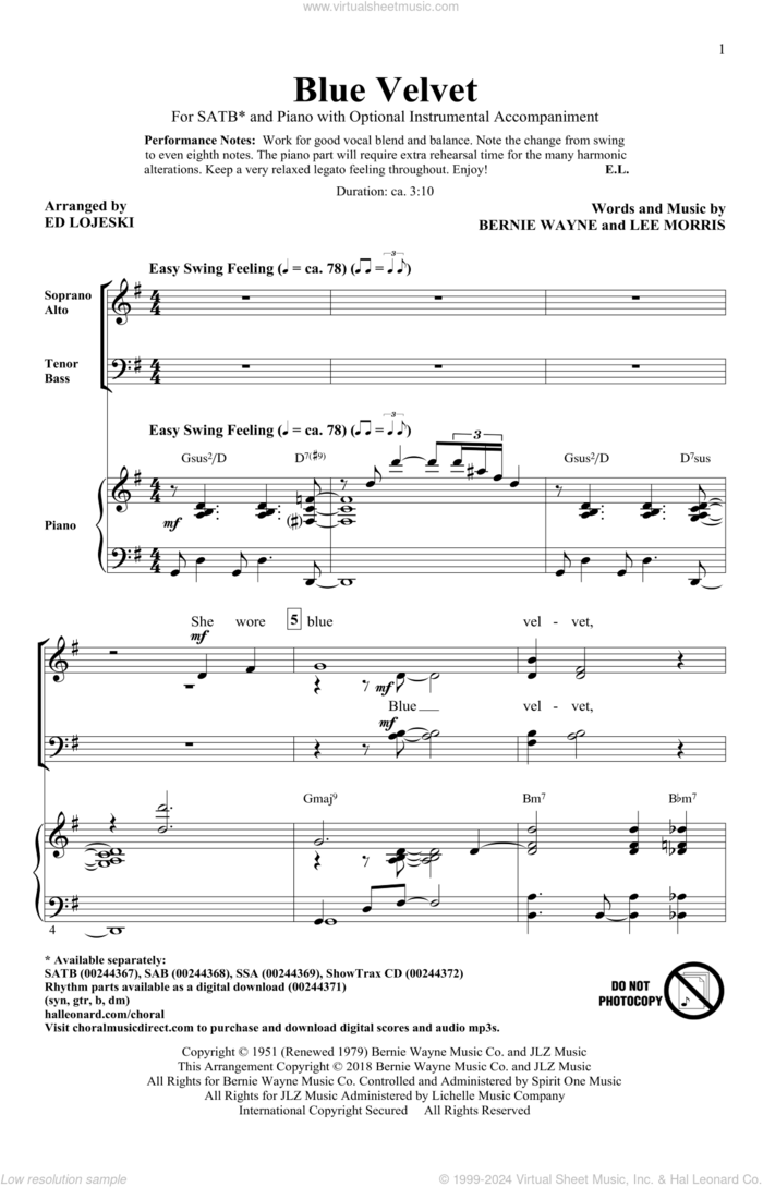 Blue Velvet sheet music for choir (SATB: soprano, alto, tenor, bass) by Ed Lojeski, Bobby Vinton, Statues, Bernie Wayne and Lee Morris, intermediate skill level