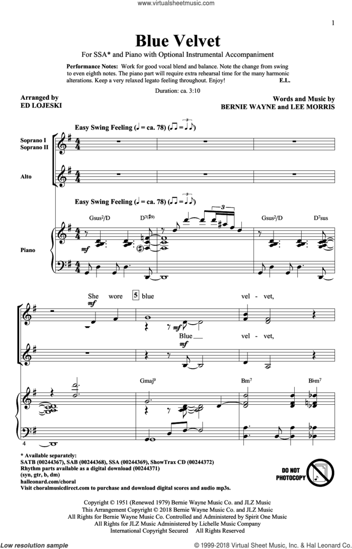 Blue Velvet sheet music for choir (SSA: soprano, alto) by Ed Lojeski, Bobby Vinton, Statues, Bernie Wayne and Lee Morris, intermediate skill level
