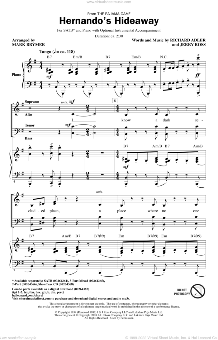 Hernando's Hideaway (arr. Mark Brymer) sheet music for choir (SATB: soprano, alto, tenor, bass) by Richard Adler, Mark Brymer and Jerry Ross, intermediate skill level
